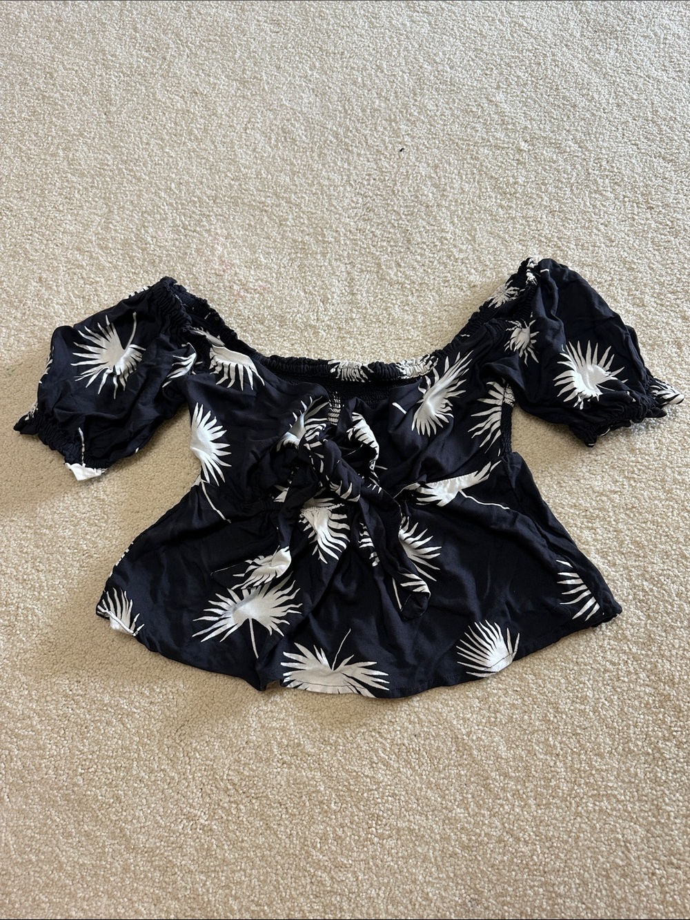 Volcom Black Off-Shoulder Tie-Front Palm Print Blouse